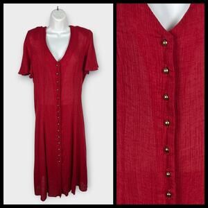 90s Red Rayon Crepe Flutter Sleeve Button Front Tie Corset Back Maxi Dress L/XL